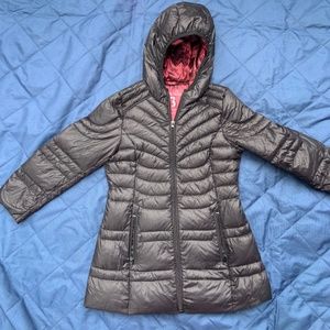 Black packable down hooded coat